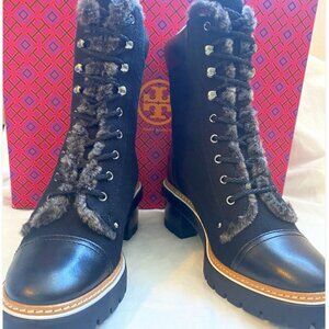 Tory Burch Sz. 8.5 Shearling Wool Leather Miller Lug Sole Black/Grey Bootie NEW